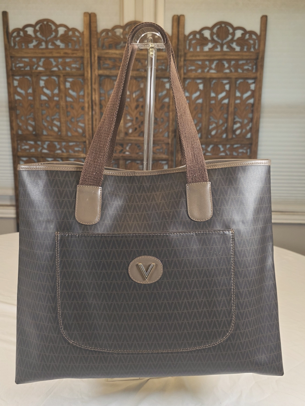 Vintage Mario Valentino Made in Italy Brown V Monogram Large Shopper Tote Bag